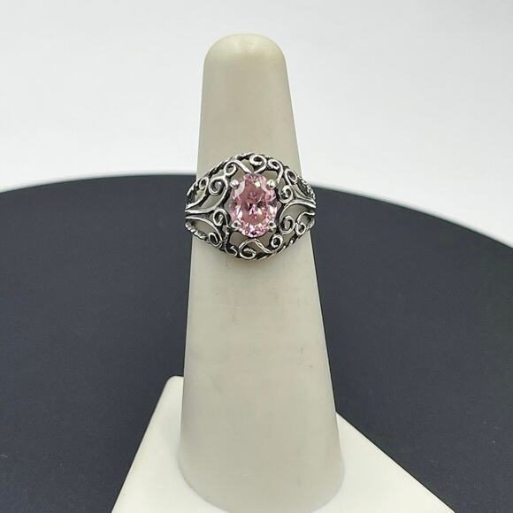 Sterling Silver Vintage Filigree Simulated Pink Sapphire Solitaire Ring 5.25 - Picture 1 of 14